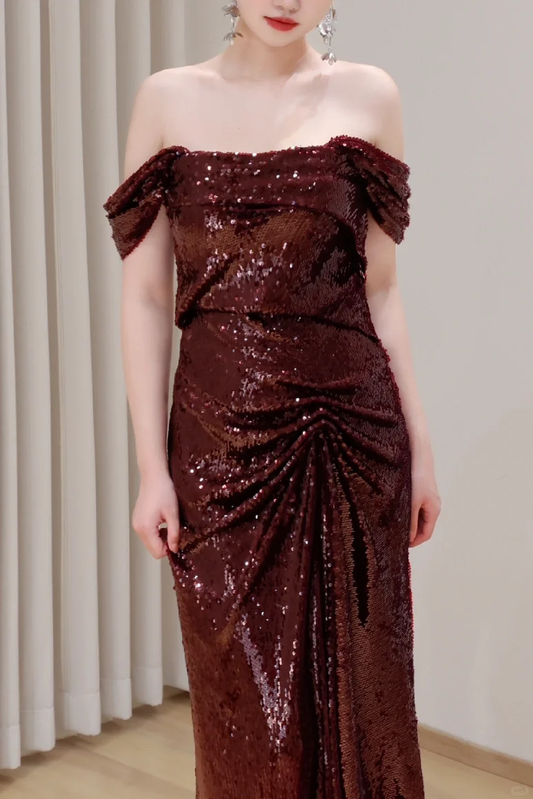 Hermoso vestido de fiesta largo con lentejuelas color burdeos y hombros descubiertos, estilo sirena, DP673