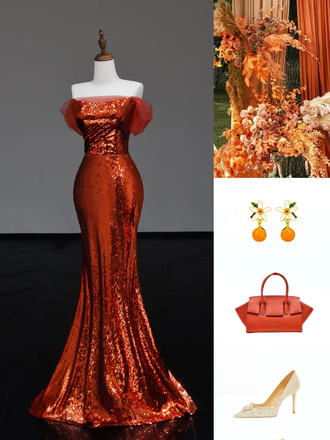 Gorgeous Mermaid Off The Shoulder Rust Red Sequin Long Prom Dresses Graduation Dresses DP674