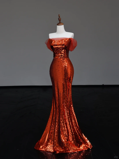 Gorgeous Mermaid Off The Shoulder Rust Red Sequin Long Prom Dresses Graduation Dresses DP674
