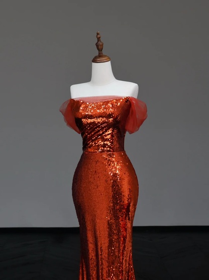 Gorgeous Mermaid Off The Shoulder Rust Red Sequin Long Prom Dresses Graduation Dresses DP674