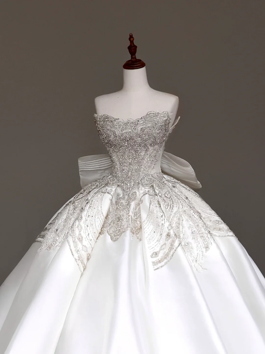 Vestido de novia único, vestido de fiesta, escote corazón, satén blanco, vestidos de novia DP675