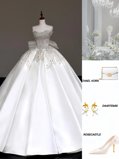 Vestido de novia único, vestido de fiesta, escote corazón, satén blanco, vestidos de novia DP675