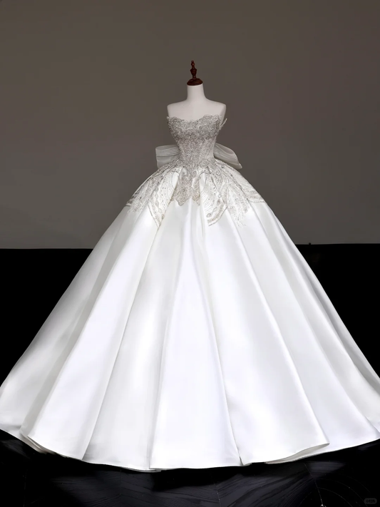 Vestido de novia único, vestido de fiesta, escote corazón, satén blanco, vestidos de novia DP675
