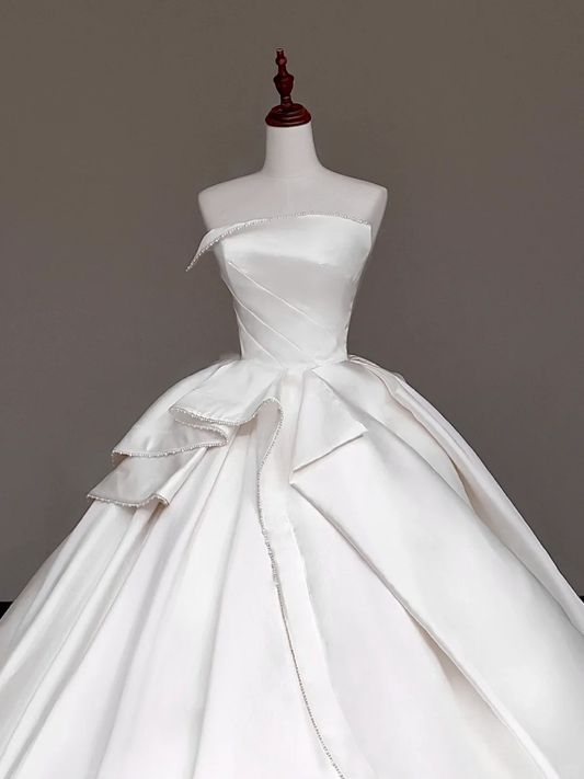 Vestido de novia único, sin tirantes, con perlas y satén blanco, DP676