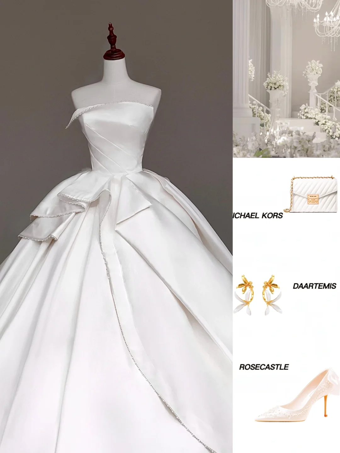 Vestido de novia único, sin tirantes, con perlas y satén blanco, DP676