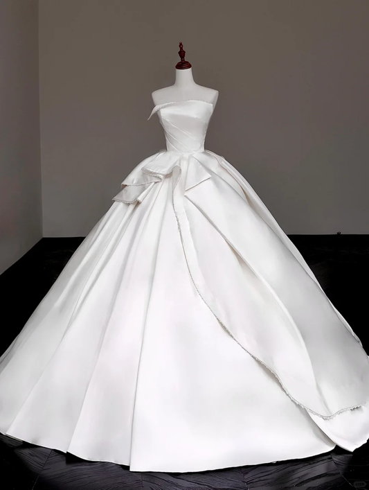Vestido de novia único, sin tirantes, con perlas y satén blanco, DP676