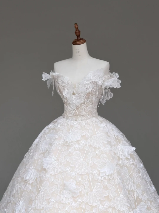 Vestido de novia único, sin tirantes, de encaje y satén blanco, DP677