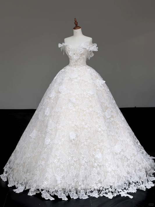 Vestido de novia único, sin tirantes, de encaje y satén blanco, DP677