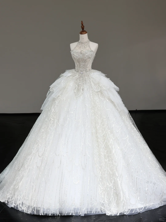 Vestido de novia único, vestido de fiesta, escote alto, sin mangas, blanco, con lentejuelas, vestidos de novia DP678