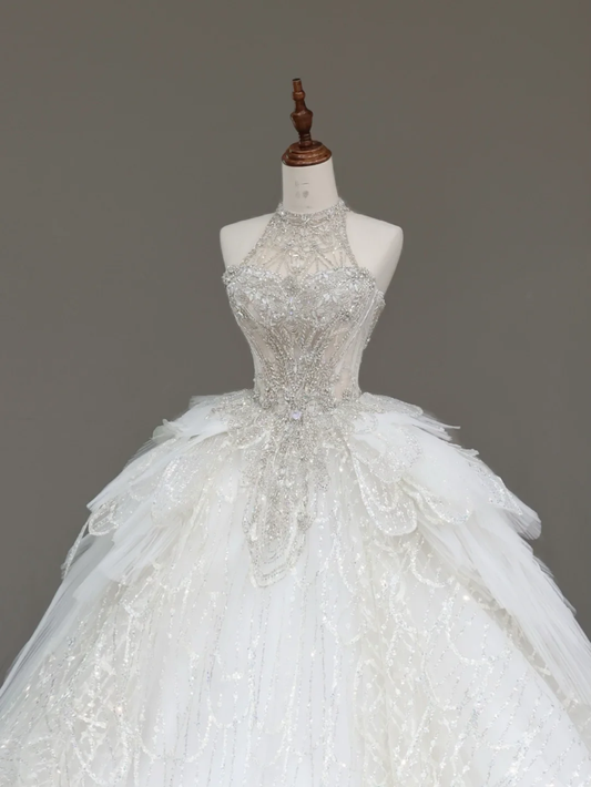 Vestido de novia único, vestido de fiesta, escote alto, sin mangas, blanco, con lentejuelas, vestidos de novia DP678