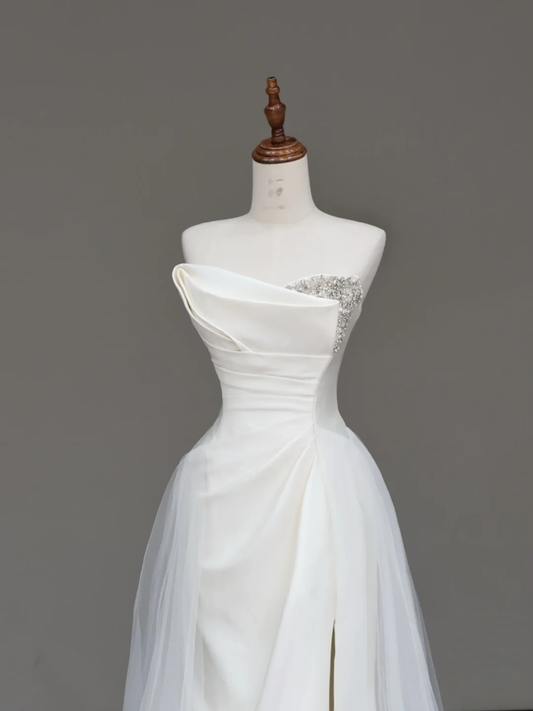 Vestido de novia único de sirena sin tirantes, de satén blanco, con abertura, DP679