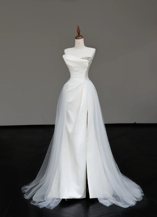 Vestido de novia único de sirena sin tirantes, de satén blanco, con abertura, DP679
