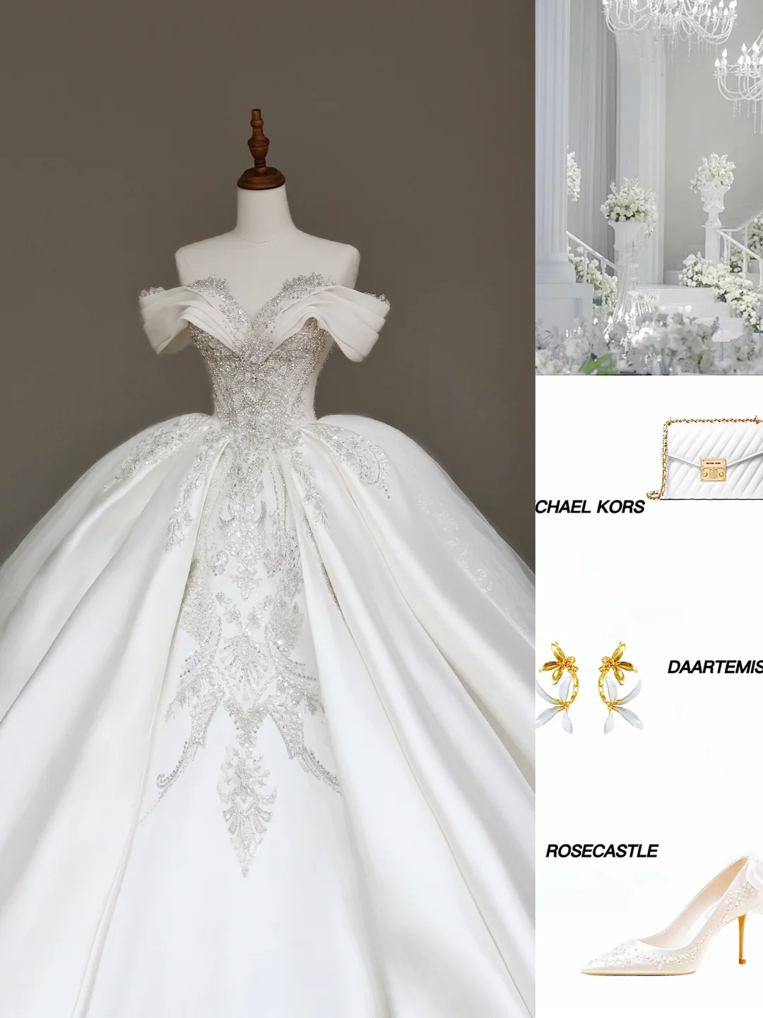 Vestido de novia elegante con hombros descubiertos, lentejuelas blancas, mangas cortas, DP681