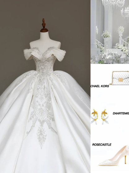 Vestido de novia elegante con hombros descubiertos, lentejuelas blancas, mangas cortas, DP681