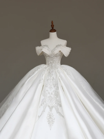 Vestido de novia elegante con hombros descubiertos, lentejuelas blancas, mangas cortas, DP681