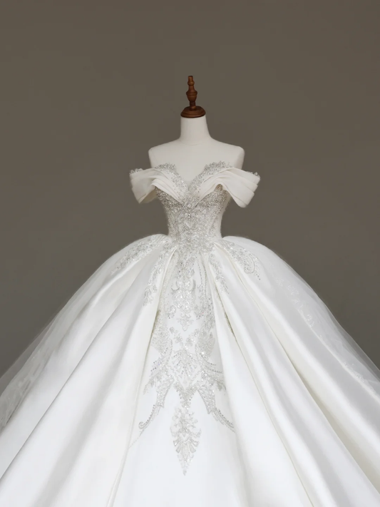 Vestido de novia elegante con hombros descubiertos, lentejuelas blancas, mangas cortas, DP681