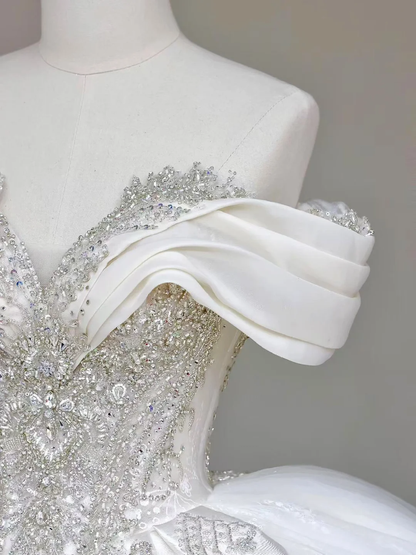 Vestido de novia elegante con hombros descubiertos, lentejuelas blancas, mangas cortas, DP681