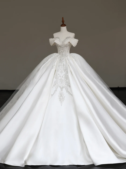 Vestido de novia elegante con hombros descubiertos, lentejuelas blancas, mangas cortas, DP681