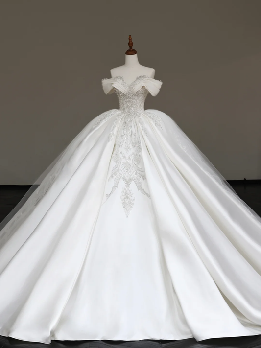 Vestido de novia elegante con hombros descubiertos, lentejuelas blancas, mangas cortas, DP681