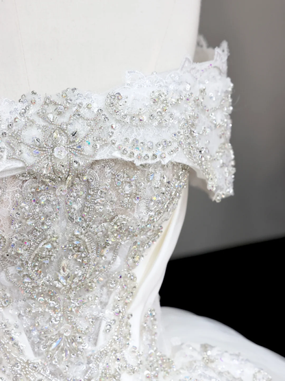 Vestido de novia elegante con hombros descubiertos, lentejuelas blancas, mangas cortas, DP685