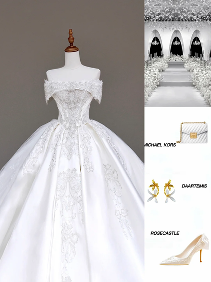 Vestido de novia elegante con hombros descubiertos, lentejuelas blancas, mangas cortas, DP685