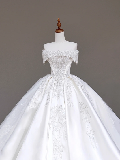 Vestido de novia elegante con hombros descubiertos, lentejuelas blancas, mangas cortas, DP685