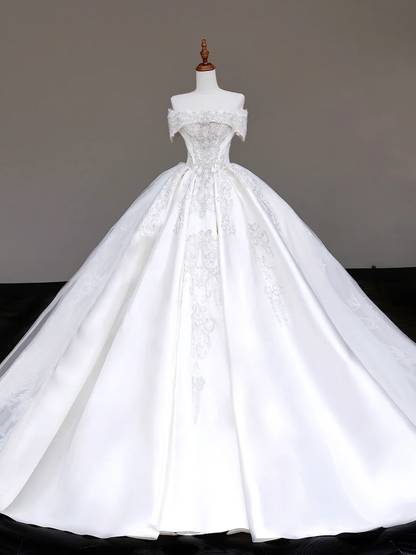 Vestido de novia elegante con hombros descubiertos, lentejuelas blancas, mangas cortas, DP685