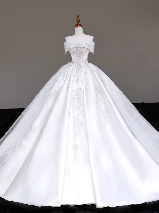 Vestido de novia elegante con hombros descubiertos, lentejuelas blancas, mangas cortas, DP685