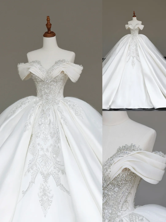 Vestido de novia elegante con hombros descubiertos, lentejuelas blancas, mangas cortas, DP687