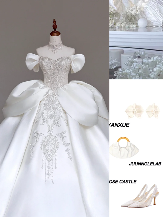 Vestido de novia elegante, con hombros descubiertos, de satén blanco y mangas cortas, DP688