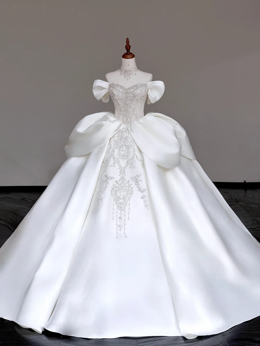 Vestido de novia elegante, con hombros descubiertos, de satén blanco y mangas cortas, DP688