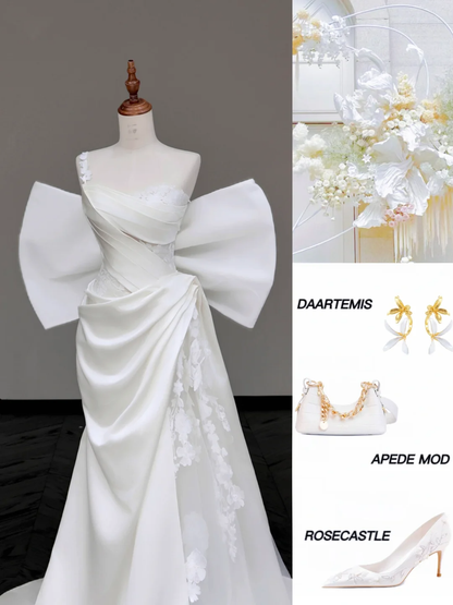 Vestido de novia único de sirena sin tirantes, de satén blanco, con un solo hombro, DP689