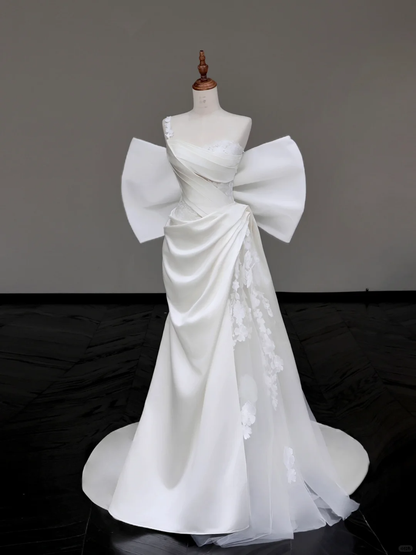 Vestido de novia único de sirena sin tirantes, de satén blanco, con un solo hombro, DP689