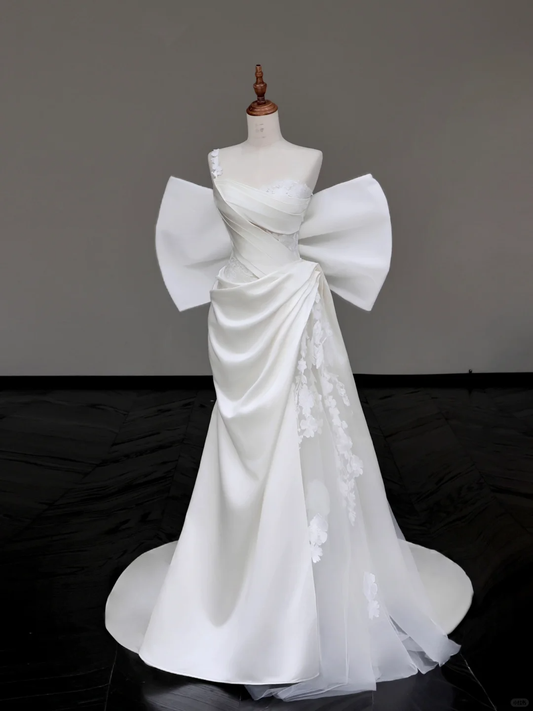 Vestido de novia único de sirena sin tirantes, de satén blanco, con un solo hombro, DP689
