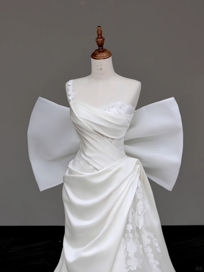 Vestido de novia único de sirena sin tirantes, de satén blanco, con un solo hombro, DP689