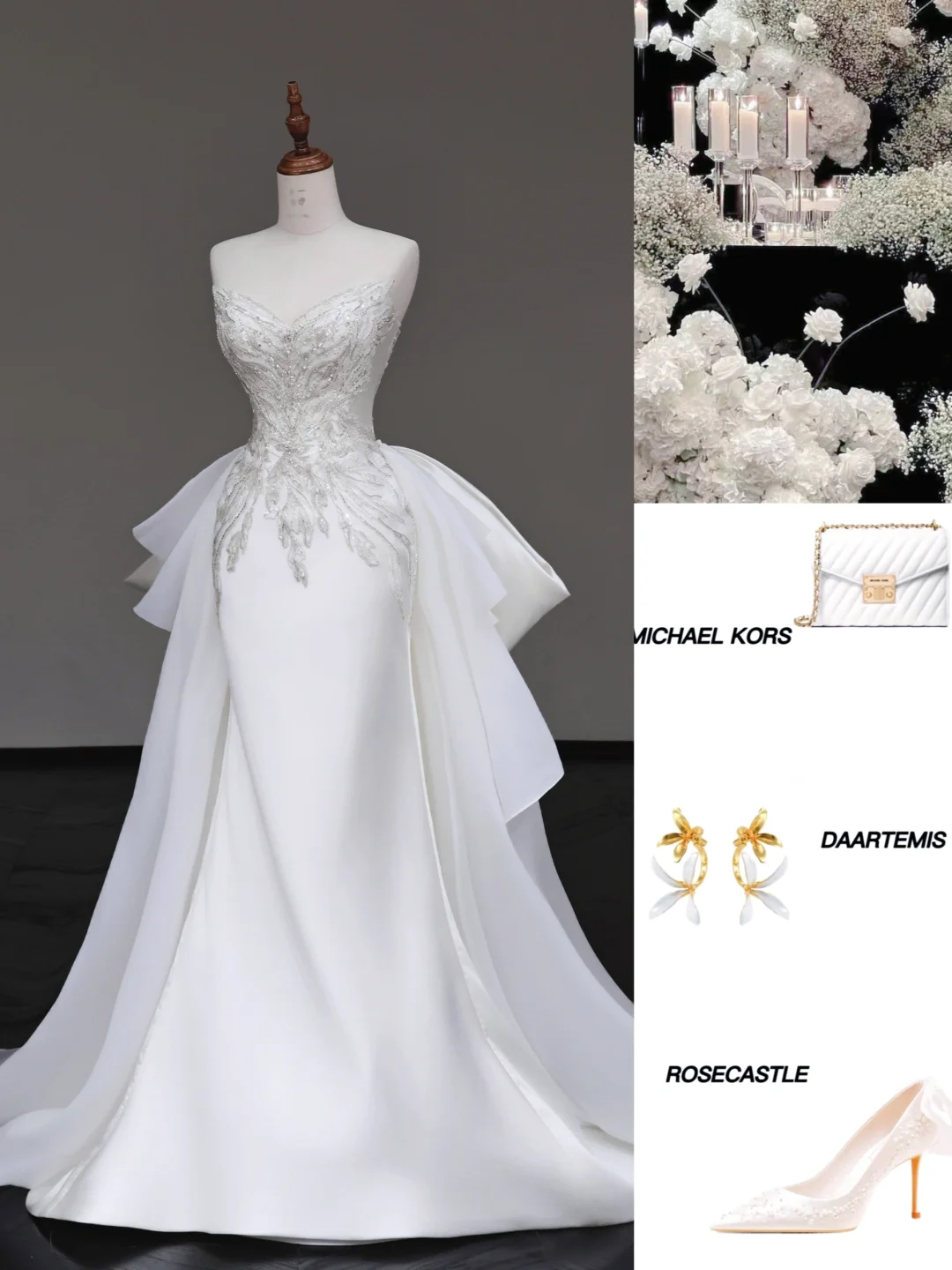 Vestido de novia único de sirena con escote corazón, de satén blanco, con cuentas, DP690