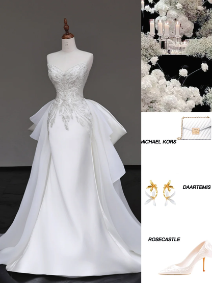 Vestido de novia único de sirena con escote corazón, de satén blanco, con cuentas, DP690