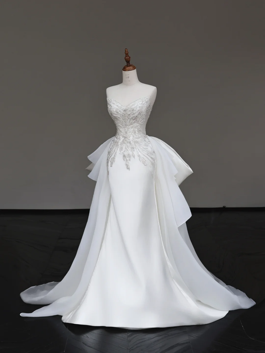 Vestido de novia único de sirena con escote corazón, de satén blanco, con cuentas, DP690