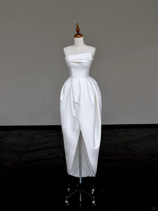 Vestido de novia único, corte A, sin tirantes, de satén color marfil, estilo minimalista, DP691