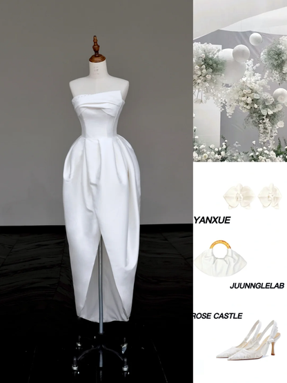 Vestido de novia único, corte A, sin tirantes, de satén color marfil, estilo minimalista, DP691