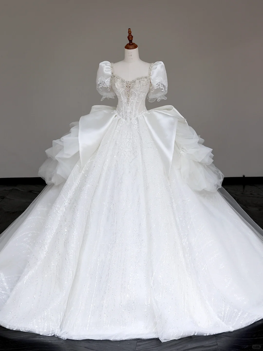 Vestido de novia elegante con escote corazón, manga corta, satén blanco, DP692