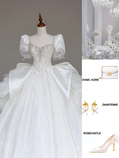 Vestido de novia elegante con escote corazón, manga corta, satén blanco, DP692