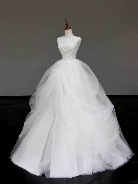 Vestido de novia único, vestido de fiesta, escote alto, sin mangas, tul blanco, vestidos de novia DP693