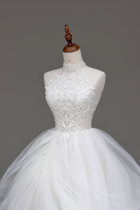 Vestido de novia único, vestido de fiesta, escote alto, sin mangas, tul blanco, vestidos de novia DP693