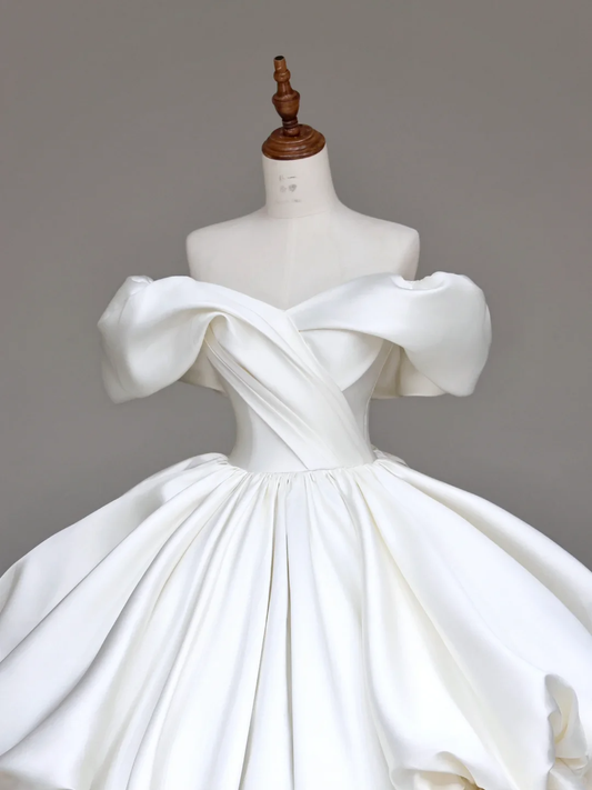 Vestido de novia elegante, con hombros descubiertos, de satén blanco, manga corta, DP695