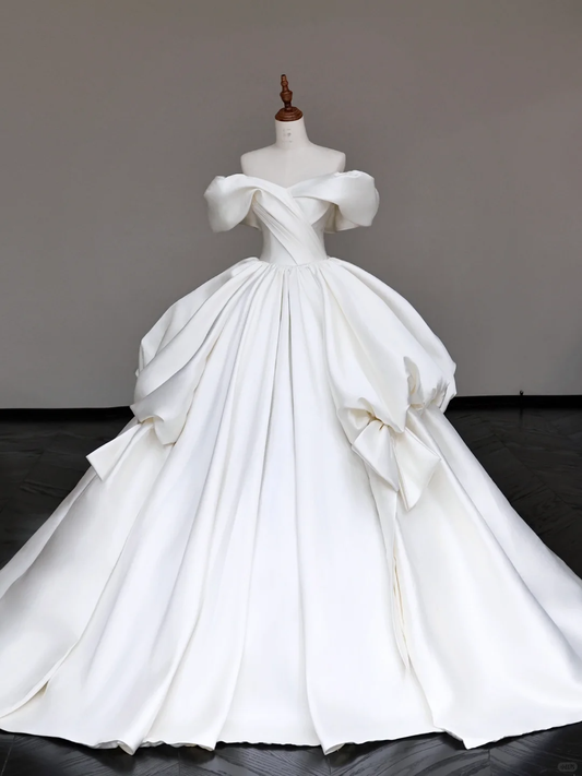 Vestido de novia elegante, con hombros descubiertos, de satén blanco, manga corta, DP695
