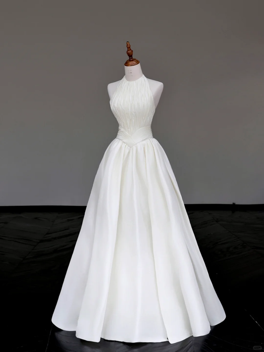 Vestido de novia único, corte A, escote redondo, sin mangas, satén blanco, DP696