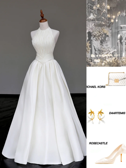 Vestido de novia único, corte A, escote redondo, sin mangas, satén blanco, DP696