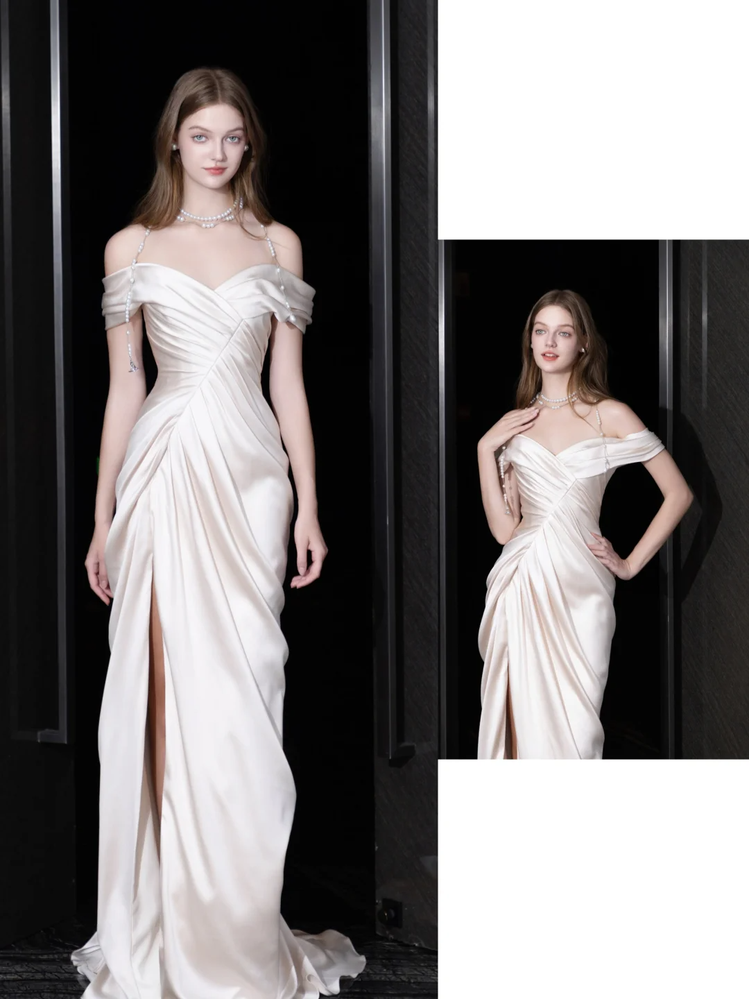 Vestido de novia único de sirena con hombros descubiertos, satén color marfil, DP698