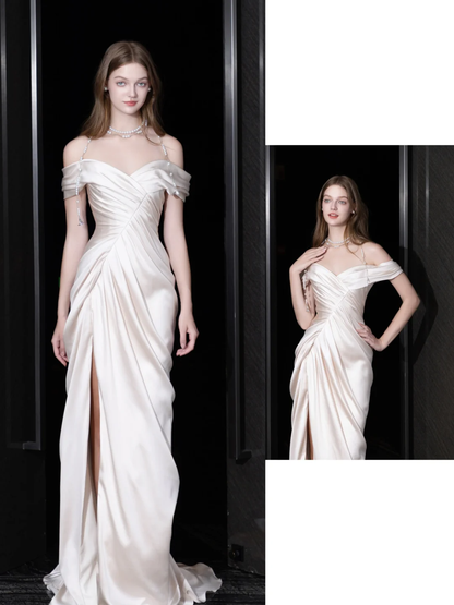 Vestido de novia único de sirena con hombros descubiertos, satén color marfil, DP698